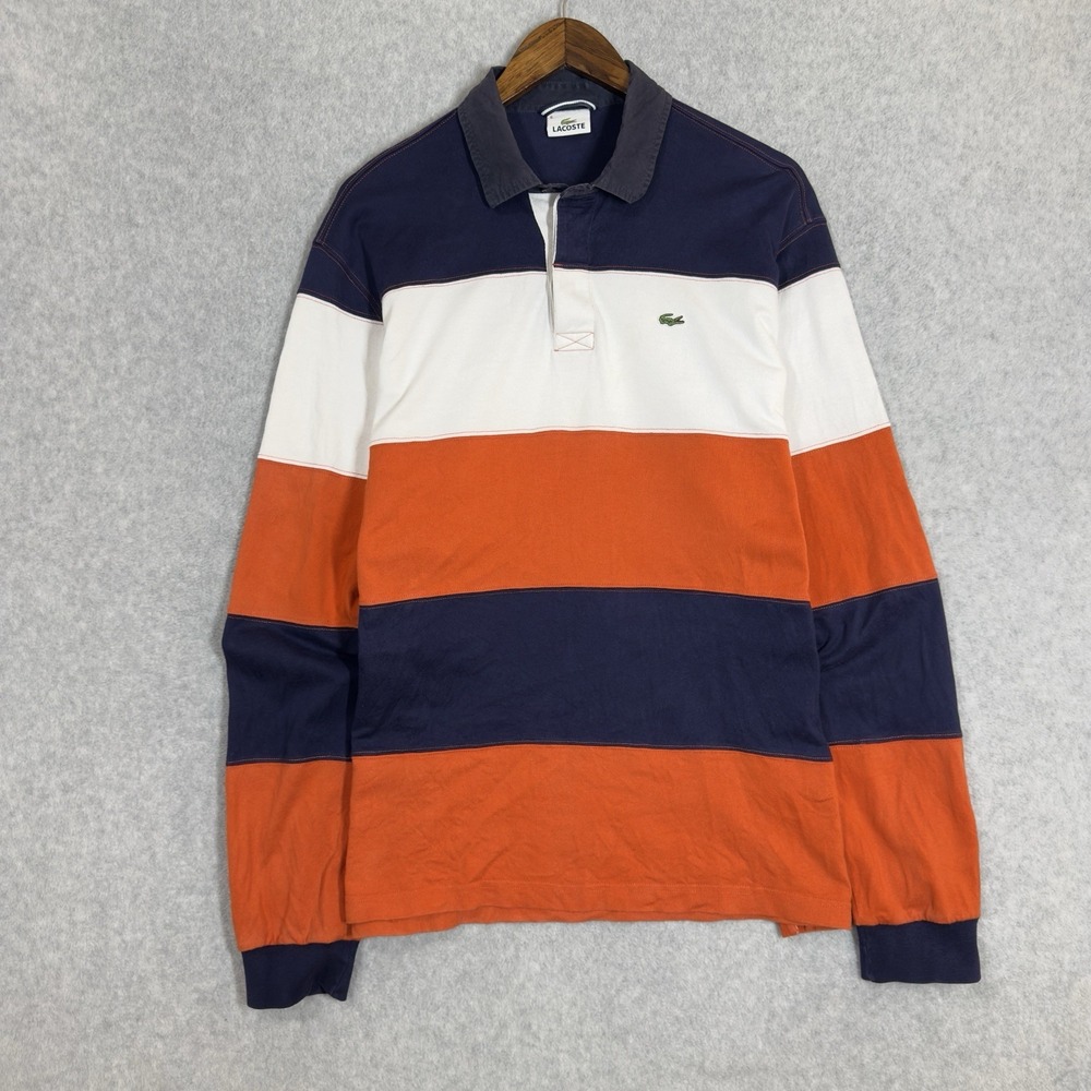 Vintage Lacoste Rugby Polo Mens XL Navy Blue Orange White Striped BASI S.A.